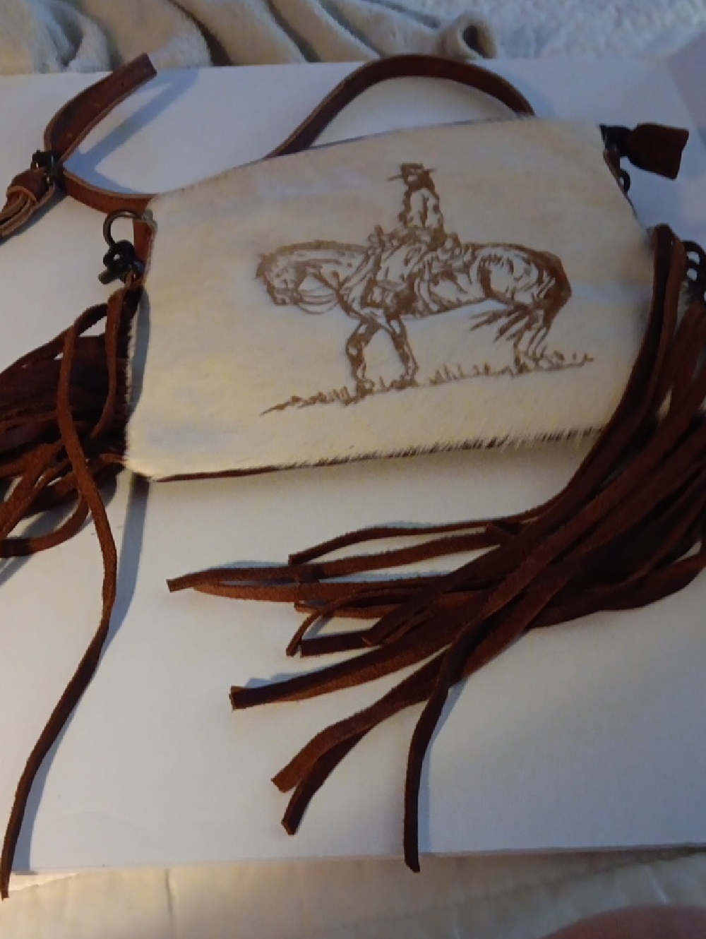 American Darling White and Brown Fringe Crossbody Bag with Cowboy Horse Sketch